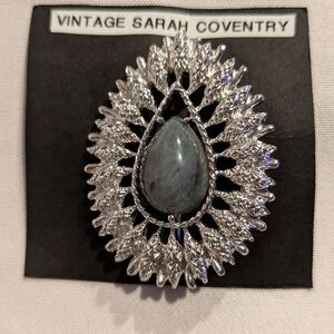 Vintage Sarah Coventry Silver Tone Grey Cabochon Granada Pin Broach 2"x1.5"